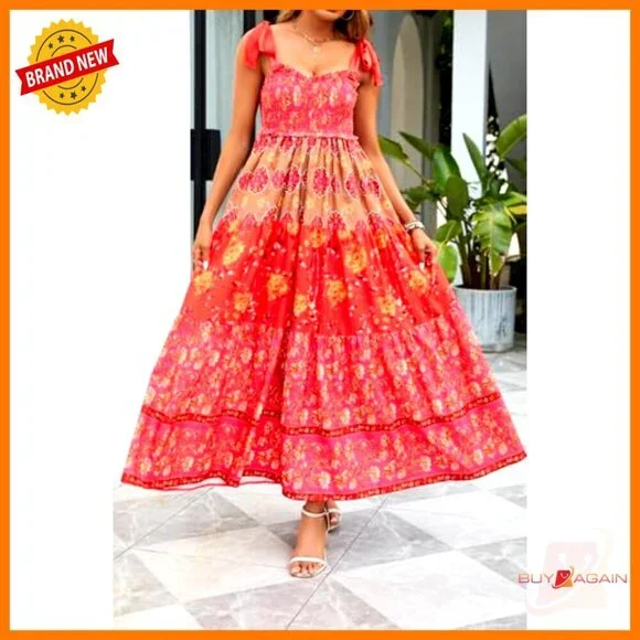 Floral Maxi Dress Boho Smocked Tiered Tiered Shoulder Tie Pockets Vacation - Picture 7 of 7